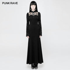 OQ-369 Exquisite Lace Knitted Gothic Dress With Front Semi-Transparent Stand Collar Design?-??Punk Rave Clothing