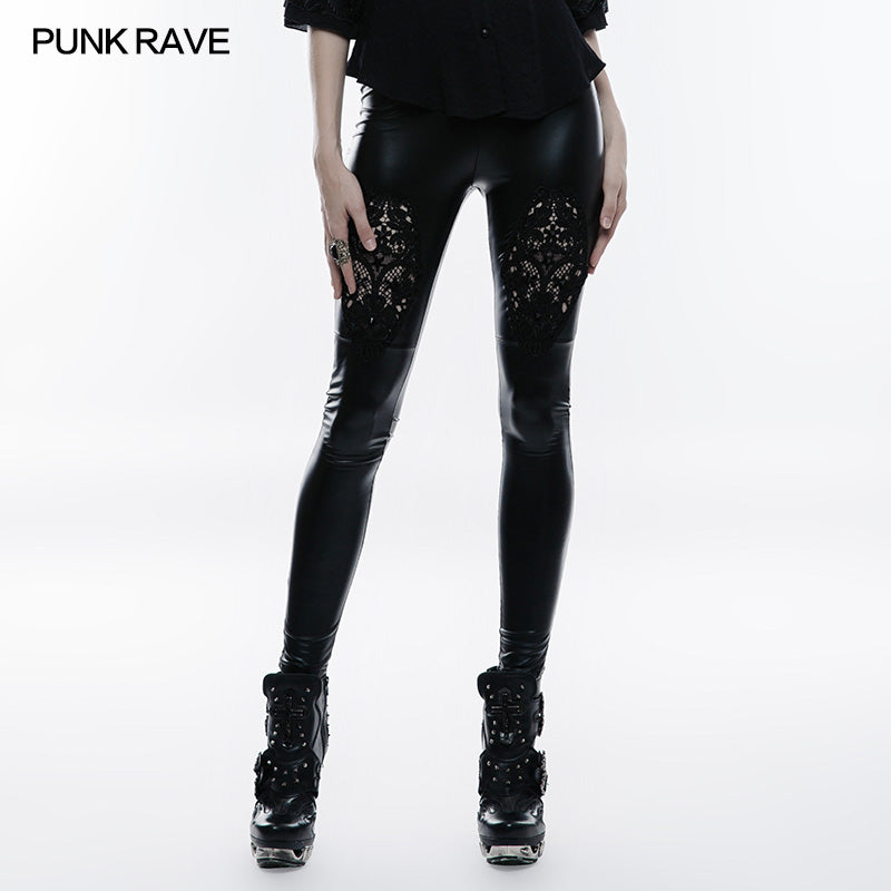 WK-309 Stretch Glossy Leather Lace Positioning Flower Gothic Leggings?-??Punk Rave Clothing