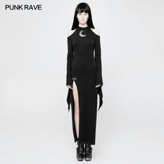 WQ-367 Womens Gothic Diablo Slit Dress With Hollow-Out Moon Pattern?-??Punk Rave Clothing
