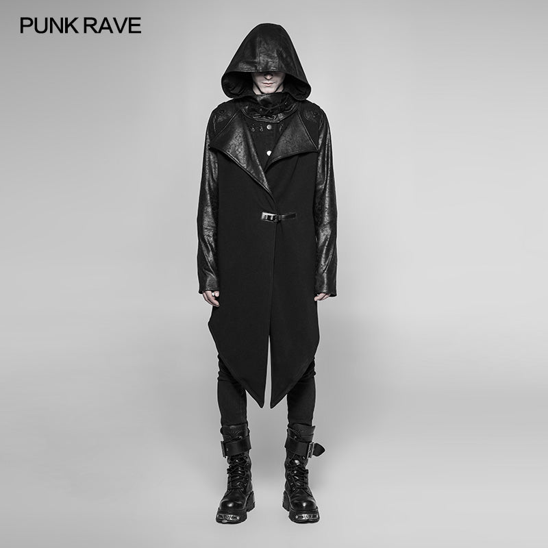 WY-941 Dark Punk Leather Crack Knit Stitching Hooded Cardigan?-??Punk Rave Clothing