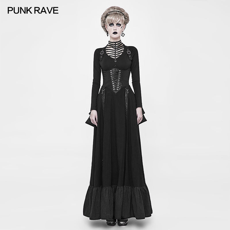 WQ-361 Victorian Steampunk Long Linen Lace Up Corset Suspender Dress?-??Punk Rave Clothing