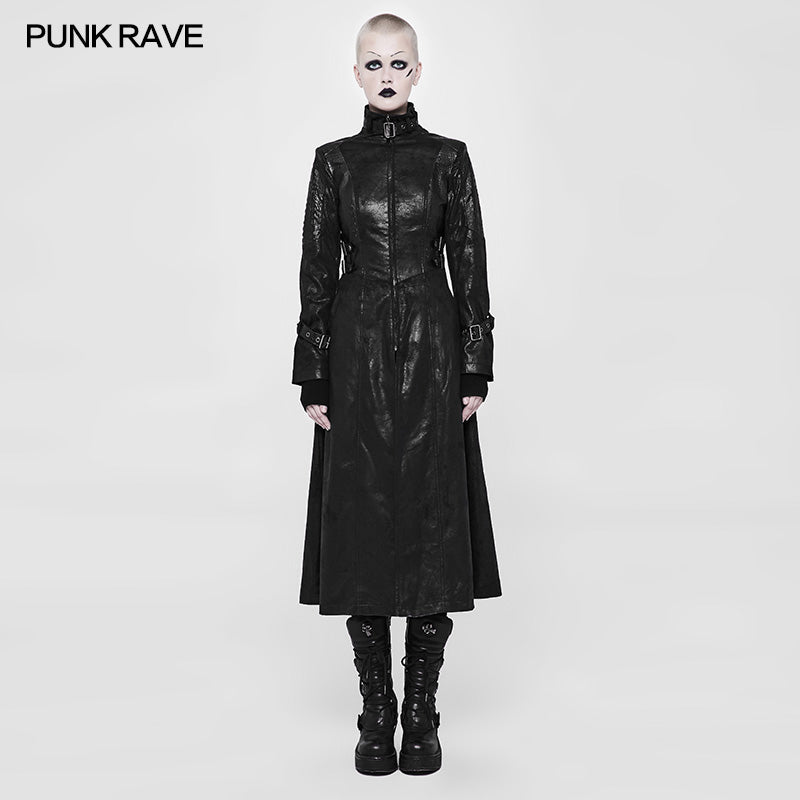 WY-896 Punk Darkness Stand-Collar Leather Long Coat For Women?-??Punk Rave Clothing