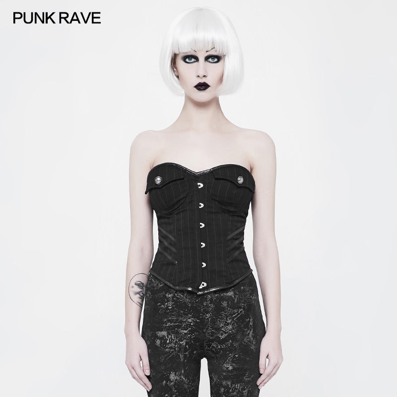 WY-884 Punk Military Uniform Striped Steel Boned Overbust Corset?-??Punk Rave Clothing
