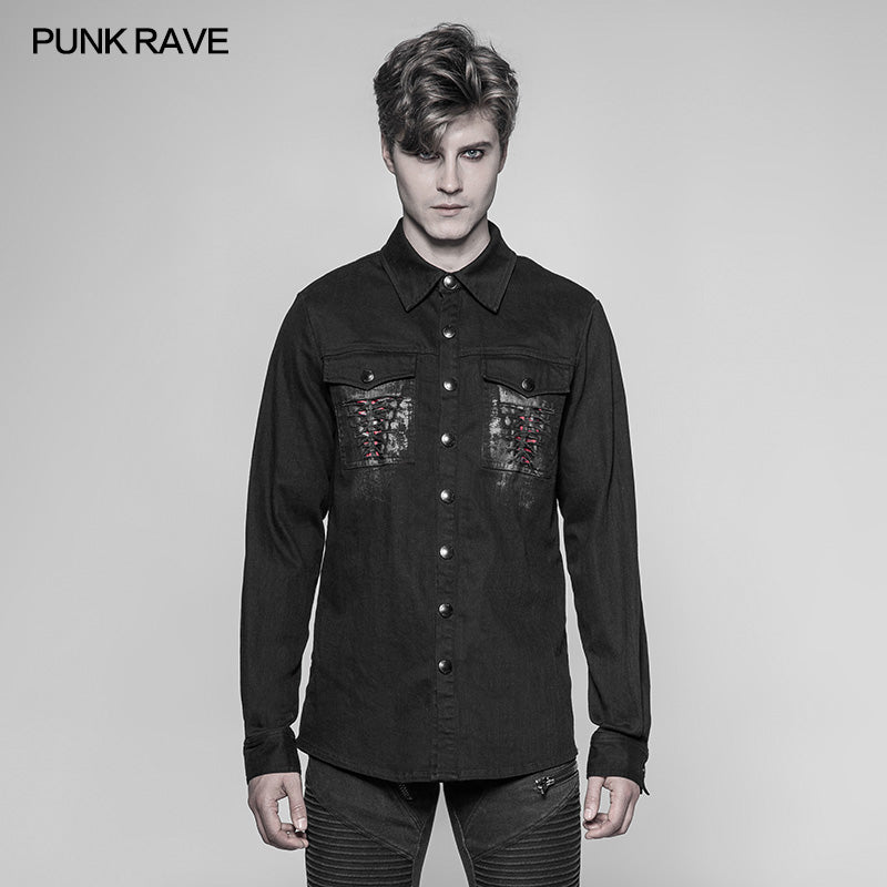 OY-946 Paladin Gothic Bloody Keel Denim Personality Shirt With Scratched Double Pockets?-??Punk Rave Clothing