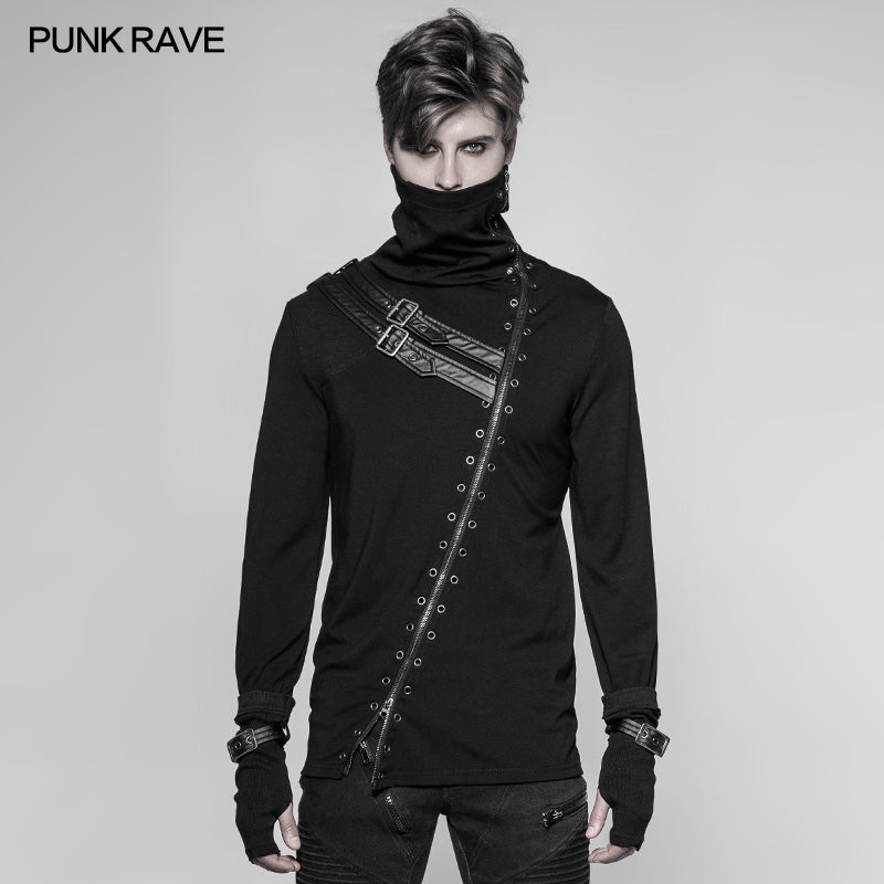 WT-527 Mens Punk Beveled Zipper Elastic Knitting T-shirt Dark Turtleneck Sweater?-??Punk Rave Clothing