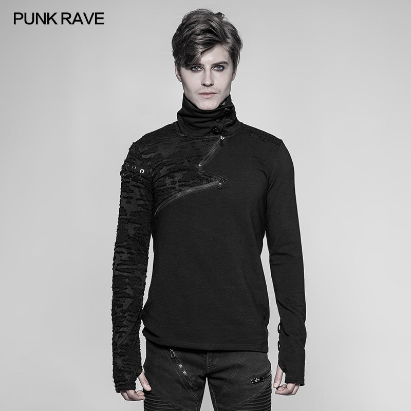 WT-535 Decadent Punk S-shaped Zipper Knitting T-shirt Personality Mosaic High Collar Sweater?-??Punk Rave Clothing