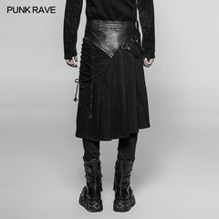 WQ-372 Mens Dark Punk Leather Splicing Personality Pleated Skirt?-??Punk Rave Clothing