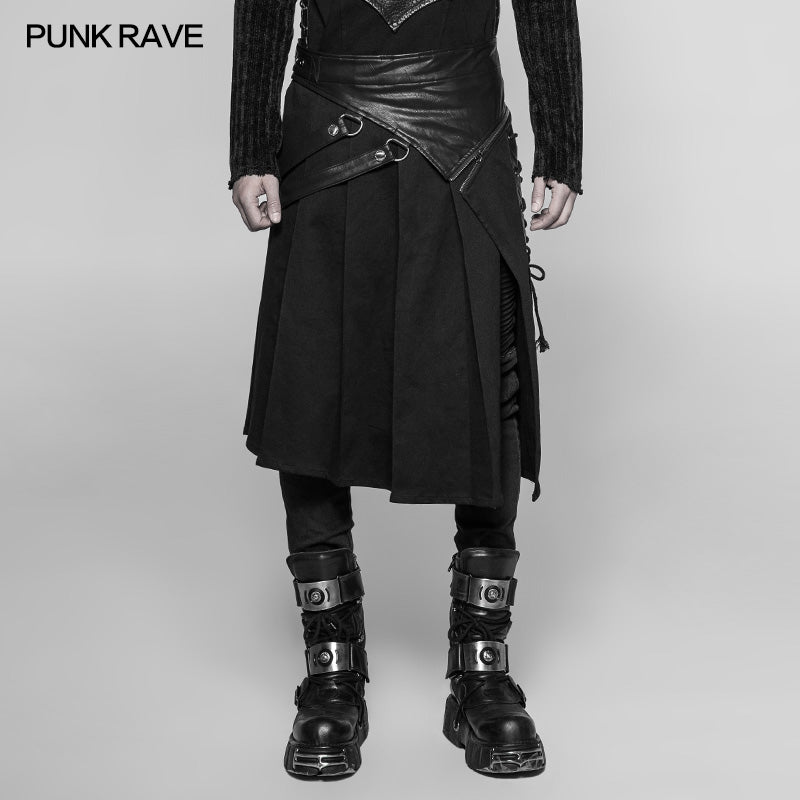 WQ-372 Mens Dark Punk Leather Splicing Personality Pleated Skirt?-??Punk Rave Clothing