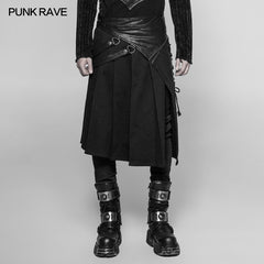WQ-372 Mens Dark Punk Leather Splicing Personality Pleated Skirt?-??Punk Rave Clothing