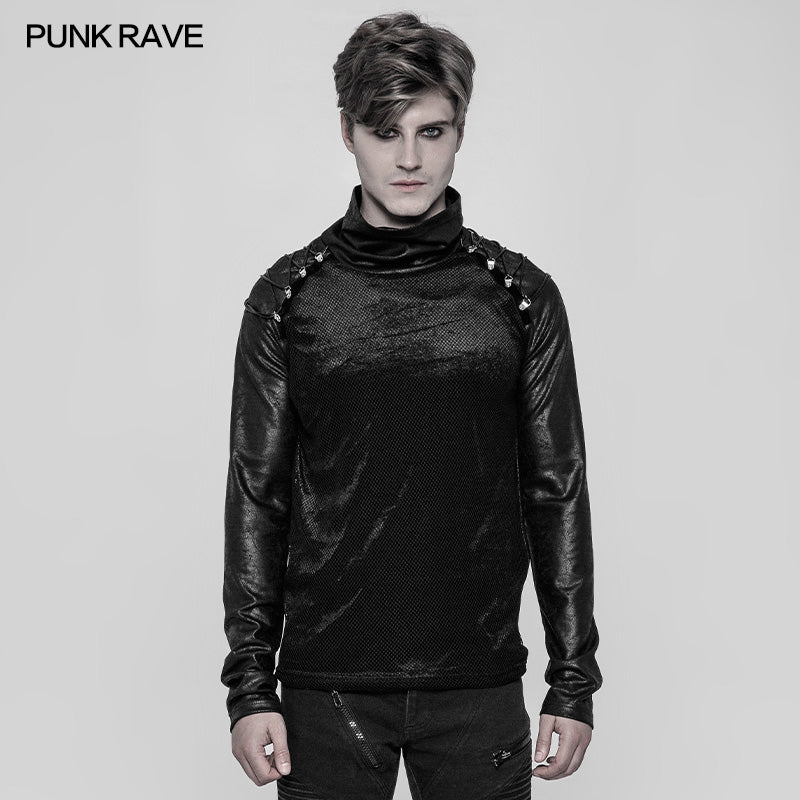 WT-536 Mens Diablo Punk Solid Color Mesh Crack Printing T-shirt With Half High Collar?-??Punk Rave Clothing