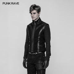 WY-930 Mens Rough Leather Splicing Stand Collar Punk Vest?-??Punk Rave Clothing
