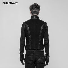 WY-930 Mens Rough Leather Splicing Stand Collar Punk Vest?-??Punk Rave Clothing