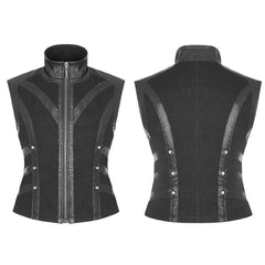 WY-930 Mens Rough Leather Splicing Stand Collar Punk Vest?-??Punk Rave Clothing