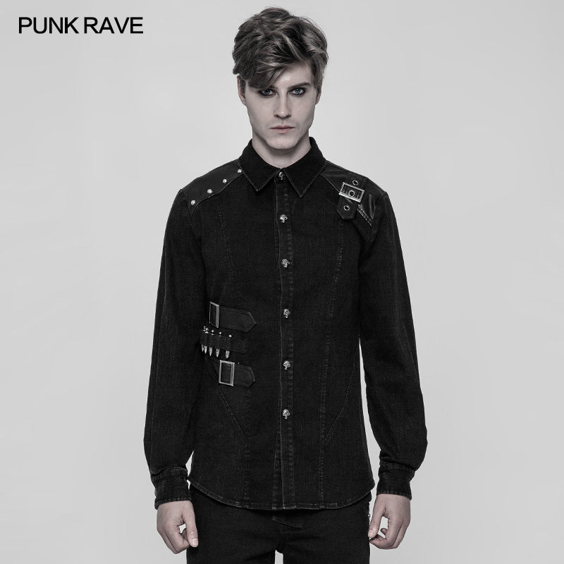 WY-906 Punk Uniform Style Fitted Denim Shirt For Men?-??Punk Rave Clothing