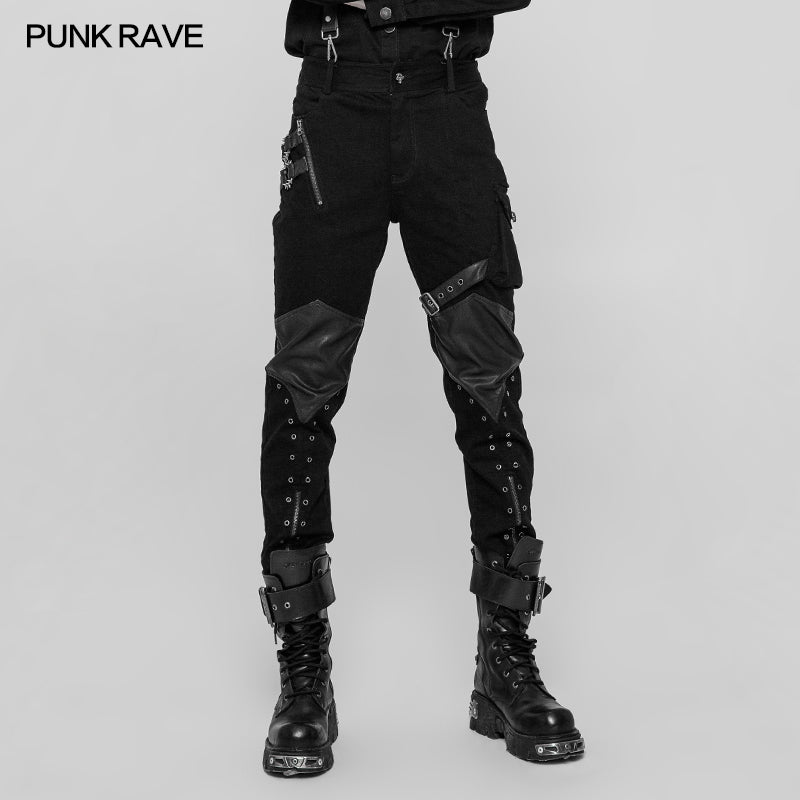 WK-338 Personality Zipper Pocket Punk Pants Leather Splicing Trousers For Men?-??Punk Rave Clothing
