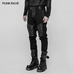 WK-337 Mens Dark Punk Twill Denim Pants Leather Knee Armor Styling Trousers?-??Punk Rave Clothing