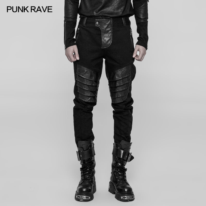 WK-337 Mens Dark Punk Twill Denim Pants Leather Knee Armor Styling Trousers?-??Punk Rave Clothing