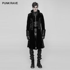WY-909 Mens Dark Stand Collar Velvet Coat With Leather Loops?-??Punk Rave Clothing
