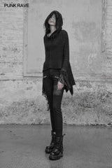 WM-043 Dark Gothic Witch Hooded Sweater Asymmetrical Tassel Lace Fringed Knit Pullover?-??Punk Rave Clothing