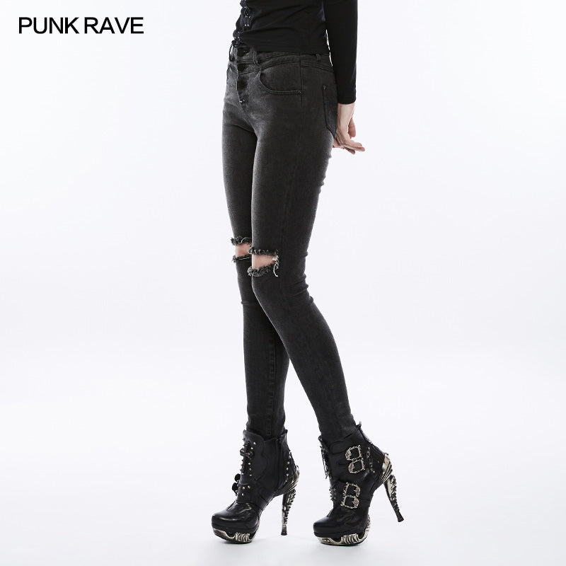 OPK-132 Womens black Knees Broken Holes Punk Jeans Super Slim Elastic Denim Trousers?-??Punk Rave Clothing