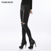 OPK-132 Womens black Knees Broken Holes Punk Jeans Super Slim Elastic Denim Trousers?-??Punk Rave Clothing