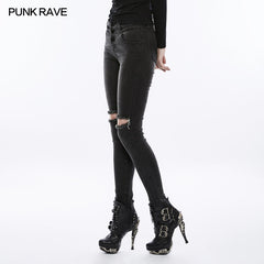 OPK-132 Womens black Knees Broken Holes Punk Jeans Super Slim Elastic Denim Trousers?-??Punk Rave Clothing