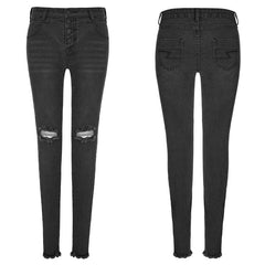 OPK-132 Womens black Knees Broken Holes Punk Jeans Super Slim Elastic Denim Trousers?-??Punk Rave Clothing