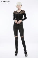 OPK-132 Womens black Knees Broken Holes Punk Jeans Super Slim Elastic Denim Trousers?-??Punk Rave Clothing