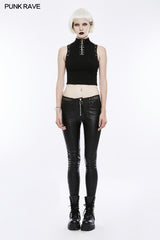 OPK-197 Womens black Elastic Leather Punk Trousers Personality Tights With Fishnet Lace On Waist?-??Punk Rave Clothing