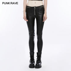 OPK-197 Womens black Elastic Leather Punk Trousers Personality Tights With Fishnet Lace On Waist?-??Punk Rave Clothing