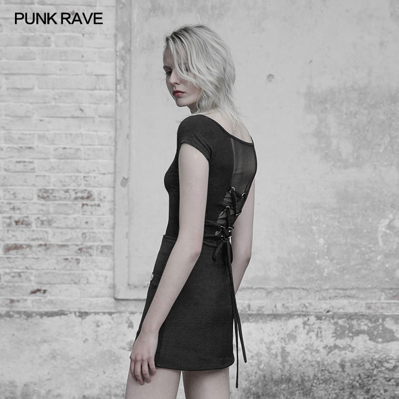 OPT-231 Womens Sexy V Collar Knitting Short Punk T-shirt Back Bandage Mesh Stitching Personality Top?-??Punk Rave Clothing