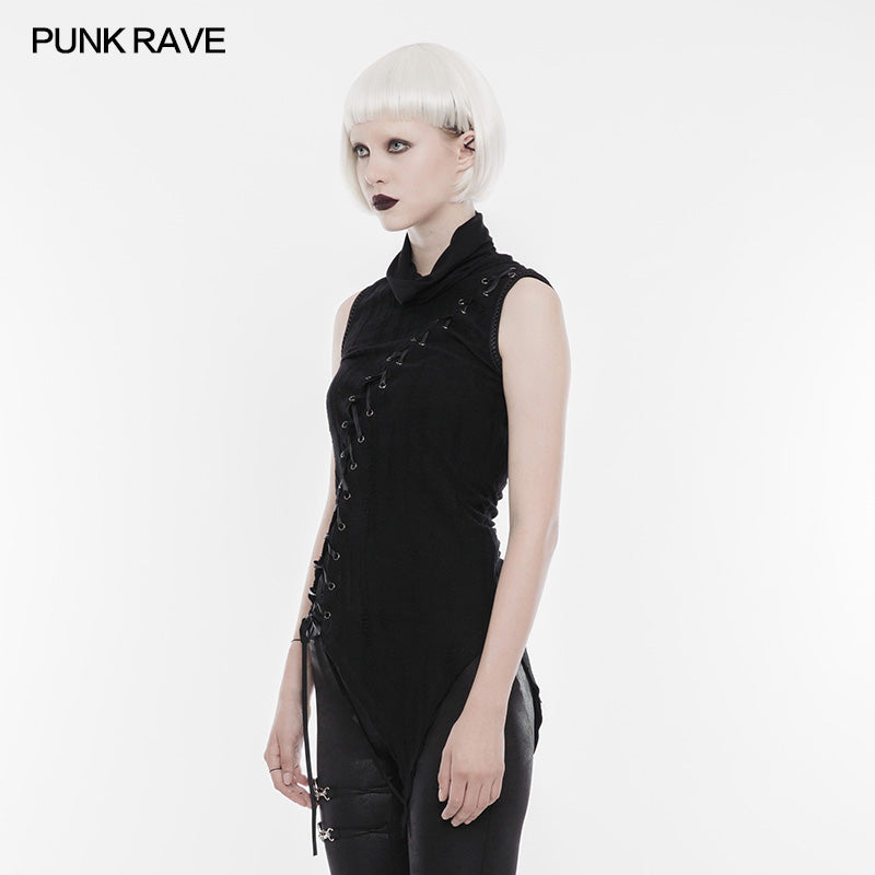 WT-501 Personality Asymmetric High Collar Sleeveless Punk T-shirt Elastic Knitting Top With Front Wear Rope Design?-??Punk Rave Clothing