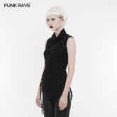 WT-501 Personality Asymmetric High Collar Sleeveless Punk T-shirt Elastic Knitting Top With Front Wear Rope Design?-??Punk Rave Clothing