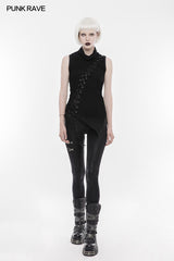 WT-501 Personality Asymmetric High Collar Sleeveless Punk T-shirt Elastic Knitting Top With Front Wear Rope Design?-??Punk Rave Clothing