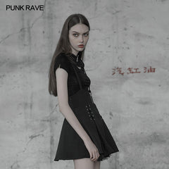 OPT-220 Womens Sexy Short Punk Knitted Mesh Stitching Tight T-shirt With Zipper Wizard Hat?-??Punk Rave Clothing