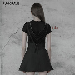 OPT-220 Womens Sexy Short Punk Knitted Mesh Stitching Tight T-shirt With Zipper Wizard Hat?-??Punk Rave Clothing