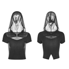 OPT-220 Womens Sexy Short Punk Knitted Mesh Stitching Tight T-shirt With Zipper Wizard Hat?-??Punk Rave Clothing