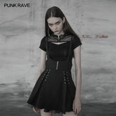OPT-220 Womens Sexy Short Punk Knitted Mesh Stitching Tight T-shirt With Zipper Wizard Hat?-??Punk Rave Clothing