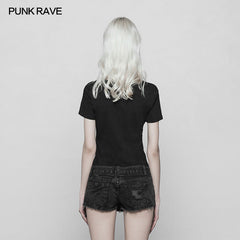 OPT-250 Womens Handsome Punk Zipper Knit Tight Short T-shirt With Hollow Out Design On Chest?-??Punk Rave Clothing