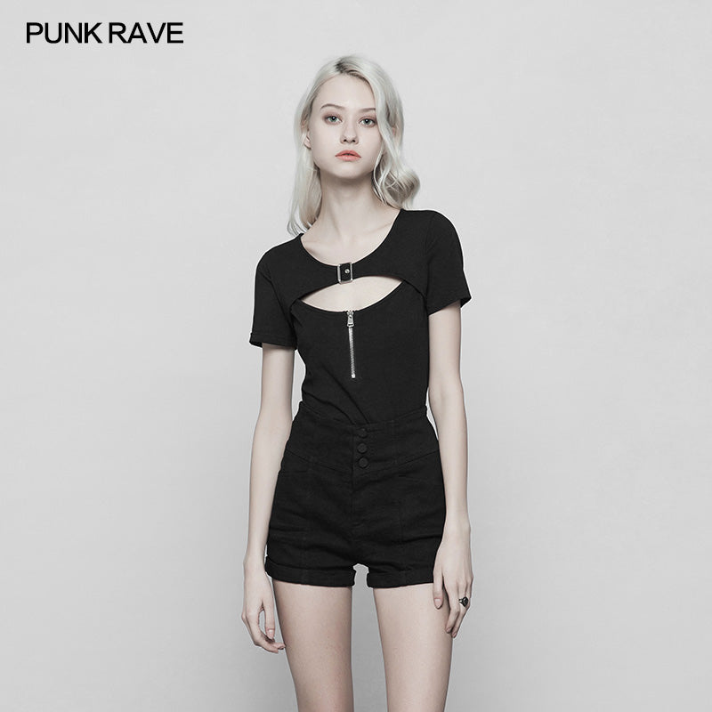 OPT-250 Womens Handsome Punk Zipper Knit Tight Short T-shirt With Hollow Out Design On Chest?-??Punk Rave Clothing