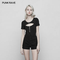 OPT-250 Womens Handsome Punk Zipper Knit Tight Short T-shirt With Hollow Out Design On Chest?-??Punk Rave Clothing