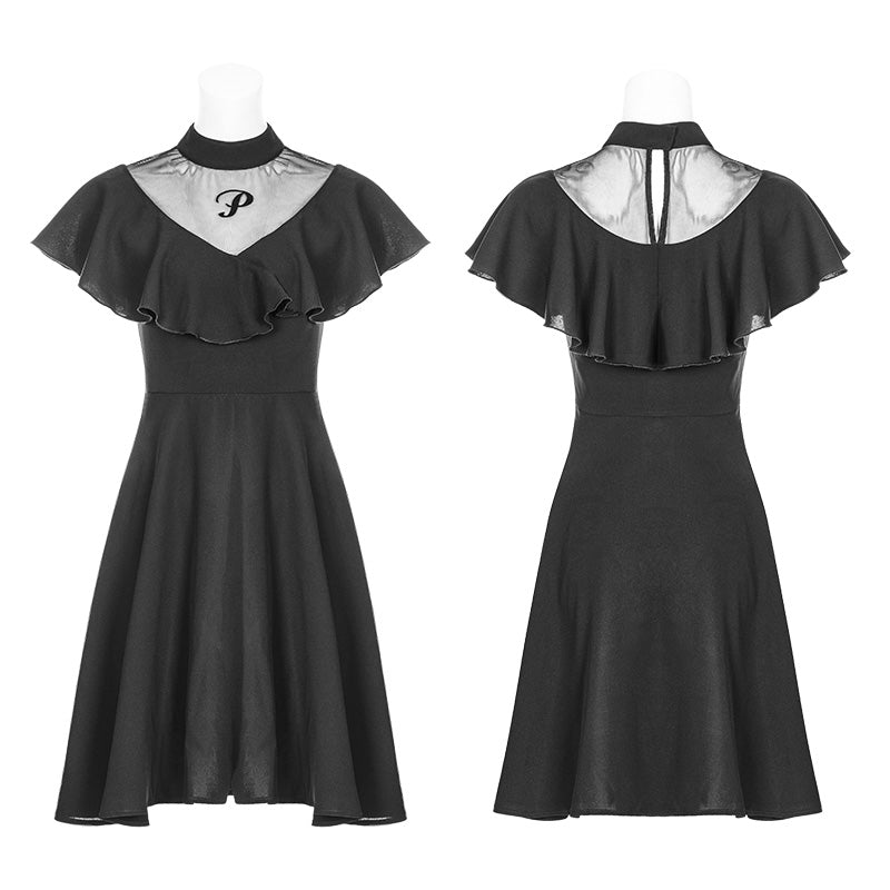 OPQ-341 Exquisite Printing Mesh Stitching Chiffon Gothic Dress With Lotus Leaf Design?-??Punk Rave Clothing