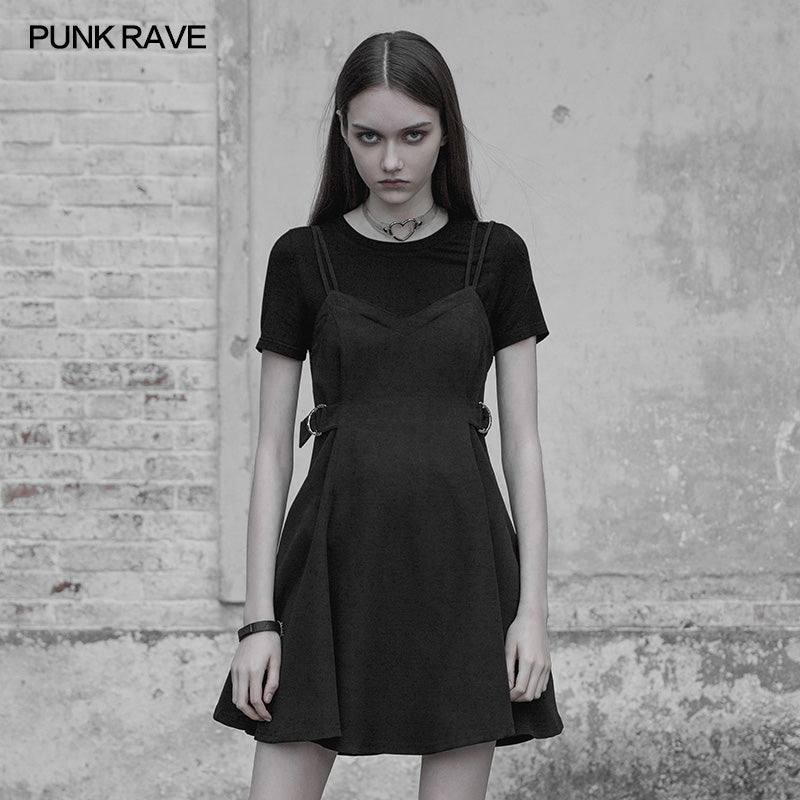 OPQ-393 Girls black Modal Top Stitching Fake Two Piece Strap Dress?-??Punk Rave Clothing