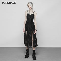OPQ-379 Gothic Dark Vintage Lace Strap Split Dress With Floral Design?-??Punk Rave Clothing