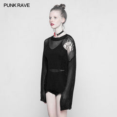 OPM-090 Loose Mesh Ripped Hole Tattered Distressed Knit Sweater Top?-??Punk Rave Clothing
