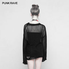OPM-090 Loose Mesh Ripped Hole Tattered Distressed Knit Sweater Top?-??Punk Rave Clothing