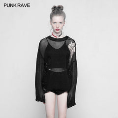 OPM-090 Loose Mesh Ripped Hole Tattered Distressed Knit Sweater Top?-??Punk Rave Clothing