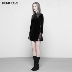 OPQ-300 Dark Lace Stitching Feminine Velvet Gothic Dress?-??Punk Rave Clothing
