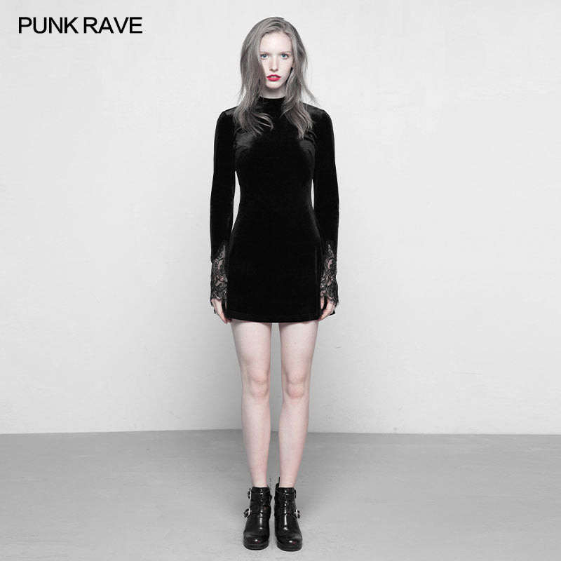 OPQ-300 Dark Lace Stitching Feminine Velvet Gothic Dress?-??Punk Rave Clothing