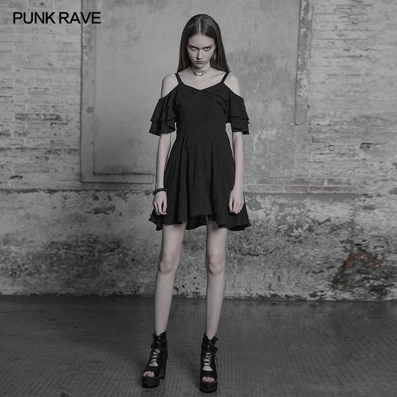 OPQ-301 Punk Sexy Lotus Leaf Chiffon Leather Strap Dress?-??Punk Rave Clothing